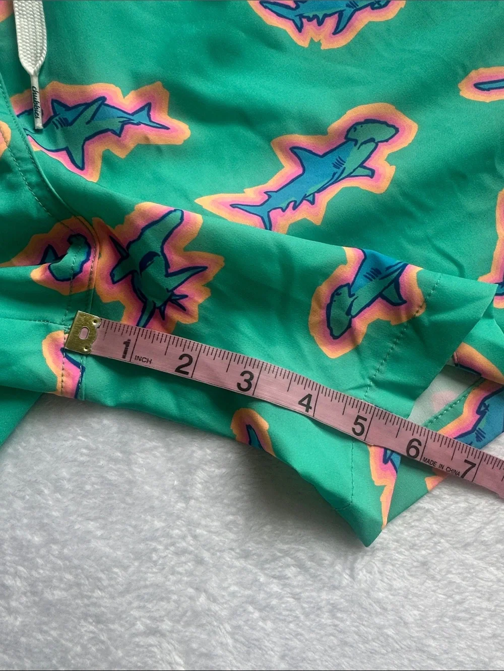 Chubbies Men L Teal Shark Print Swim Trunks Quick Dry Lightweight Quirky Shorts